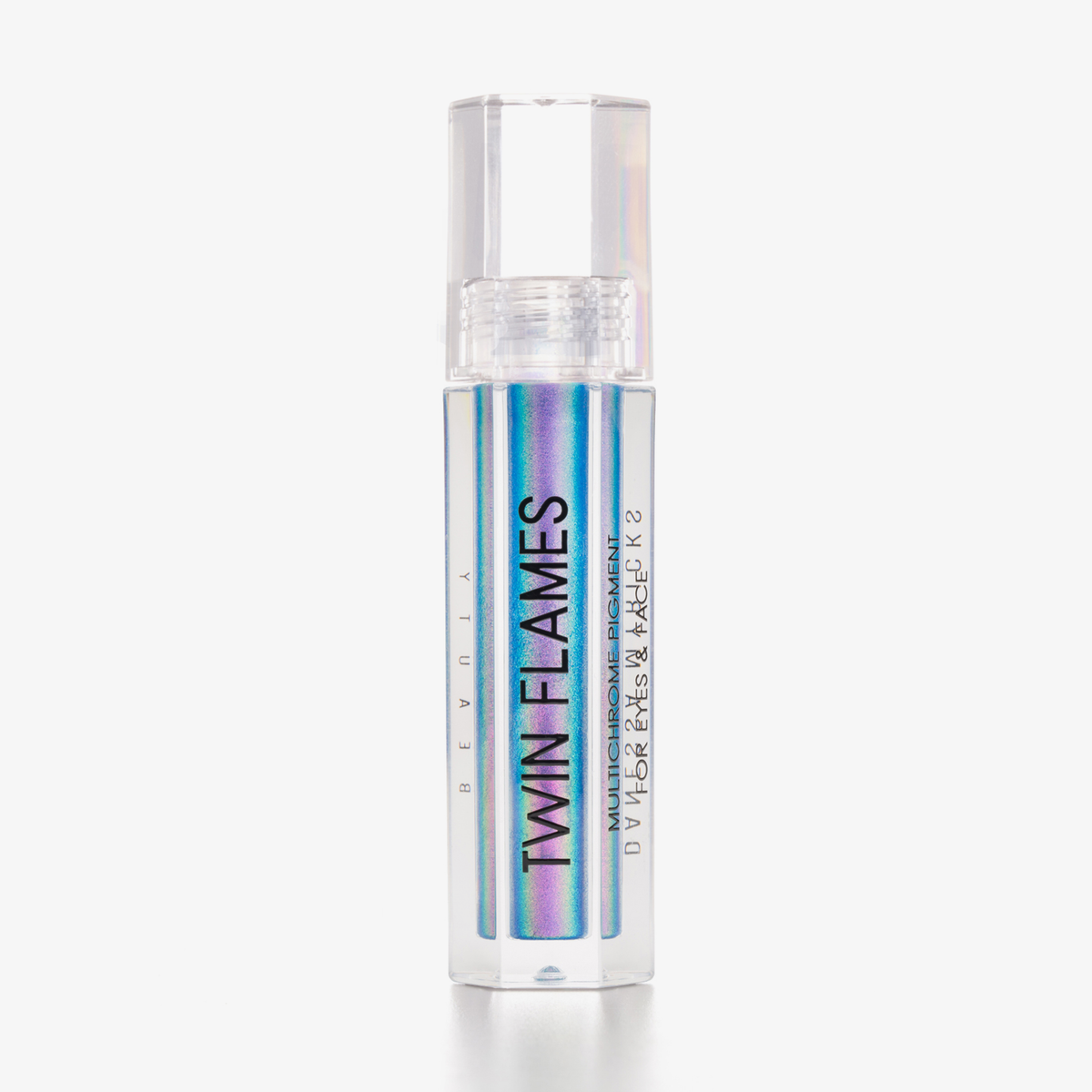 Eine durchsichtige Tube Twin Flames Euphoria mit lila-blau schimmerndem Inhalt vor weißem Hintergrund.