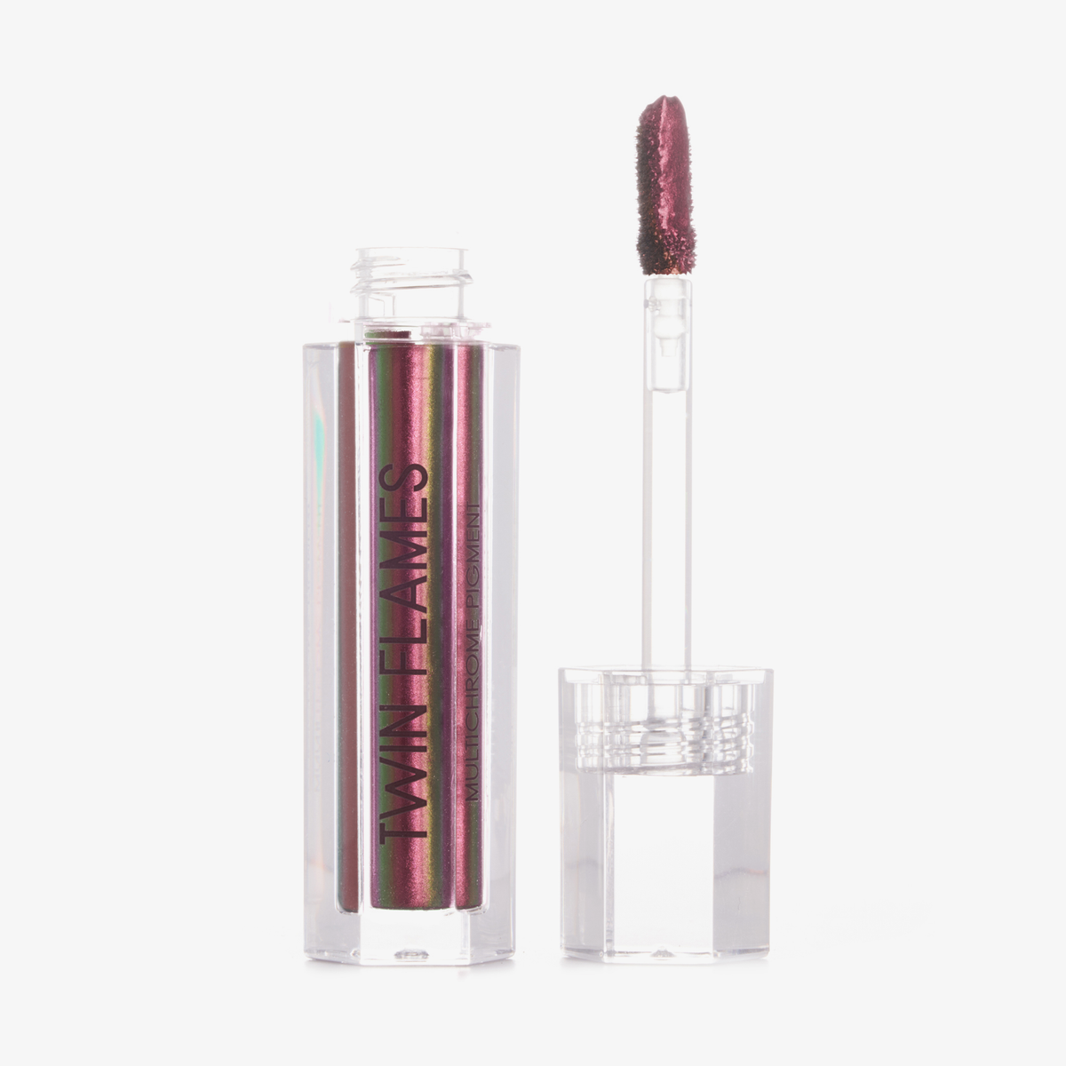 Eine offene durchsichtige Tube Twin Flames Mystic Fire mit rosa-rot-grün schimmerndem Inhalt vor weißem Hintergrund.