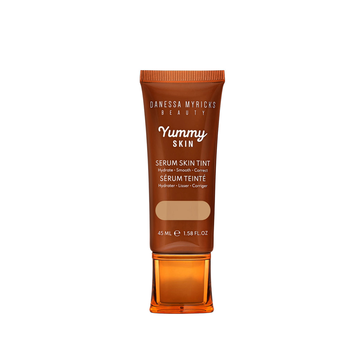 Eine Tube Danessa Myricks Beauty Yummy Skin Serum Skin Tint in braun mit orangefarbener Kappe, Größe 45 ml.