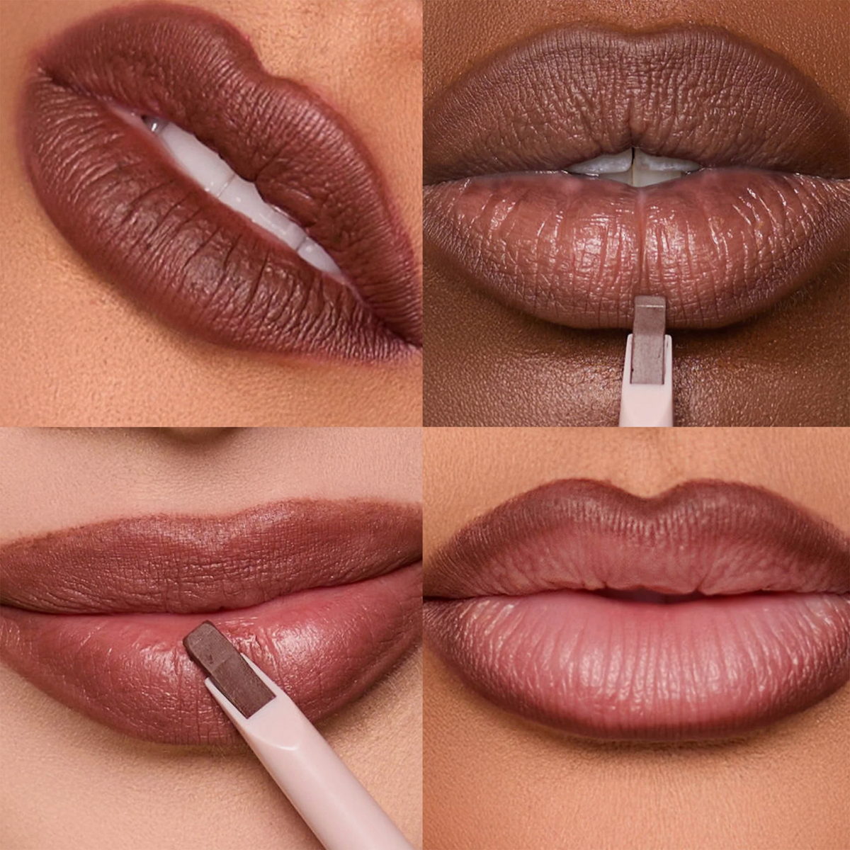 Vier Bilder des dunkelbraunen Dominique Cosmetics Lip Frame Pencil "Espresso Shots" auf Lippen von Personen unterschiedlicher Hautfarbe und ein Swatch auf weißem Papier.