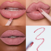 Vier Bilder des rosanen Dominique Cosmetics Lip Frame Pencil "I'm Blushing" auf Lippen von Personen unterschiedlicher Hautfarbe und ein Swatch auf weißem Papier.