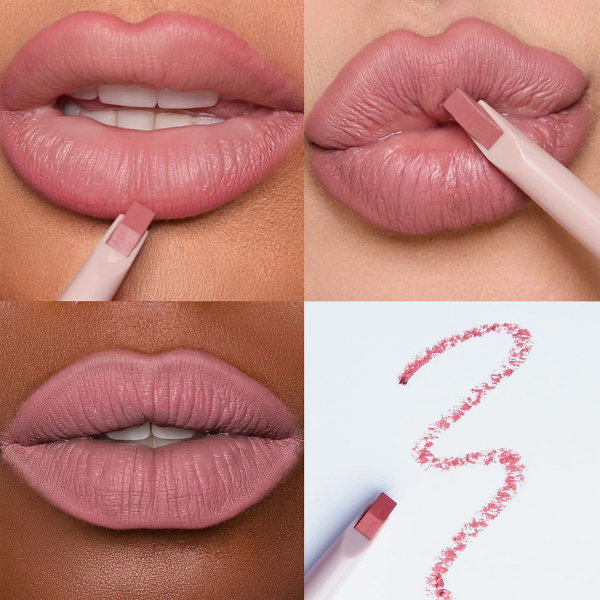 Vier Bilder des rosanen Dominique Cosmetics Lip Frame Pencil "I'm Blushing" auf Lippen von Personen unterschiedlicher Hautfarbe und ein Swatch auf weißem Papier.
