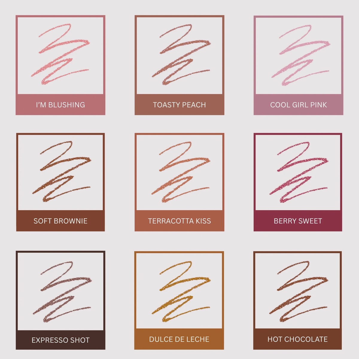 Neun Swatches des Lip Frame Pencil von Dominique Cosmetics, jede in einem anderen Farbton und mit dem Farbnamen beschriftet.