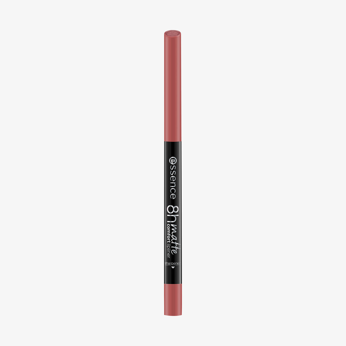 Ein rosafarbener, matter Lipliner-Stift von Essence, genannt 8h matte comfort lipliner, mit schwarzer Mitte und weißem Text "essence 8h matte".