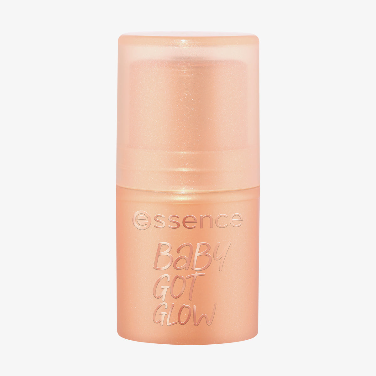 Ein Essence BABY GOT GLOW Highlighter Stick in einem Pfirsichton ist in seinem zylindrischen Behälter vor einem weißen Hintergrund abgebildet.