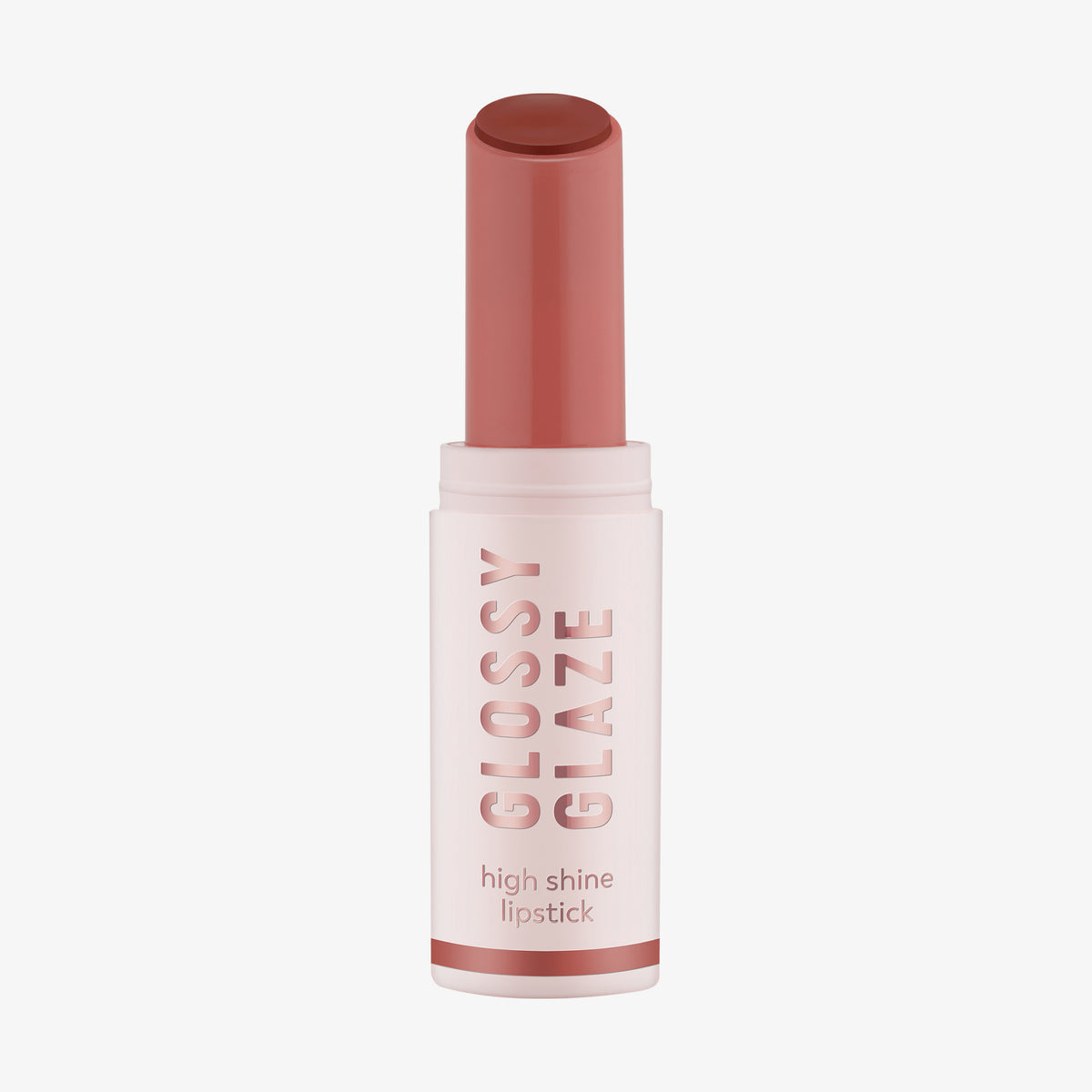 Eine rosafarbene Tube des Essence GLOSSY GLAZE High Shine Lipstick 05 mit abgenommener Kappe, die die Farbe enthüllt.