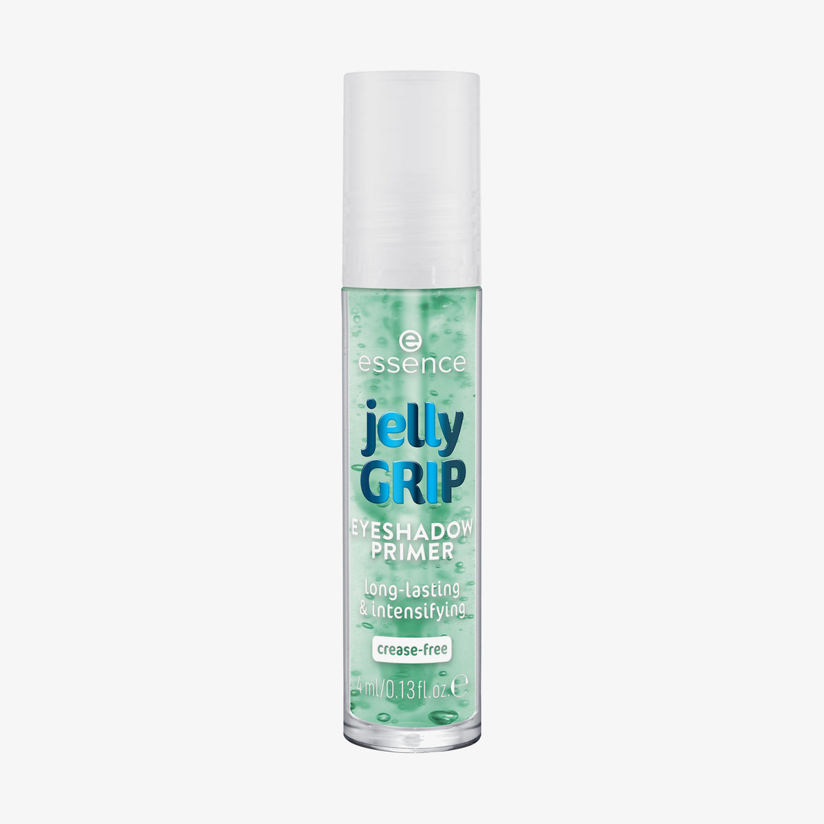 Die durchsichtige Flasche Essence jelly GRIP EYESHADOW PRIMER hat einen weißen Verschluss und ein grünes Gel im Inneren.