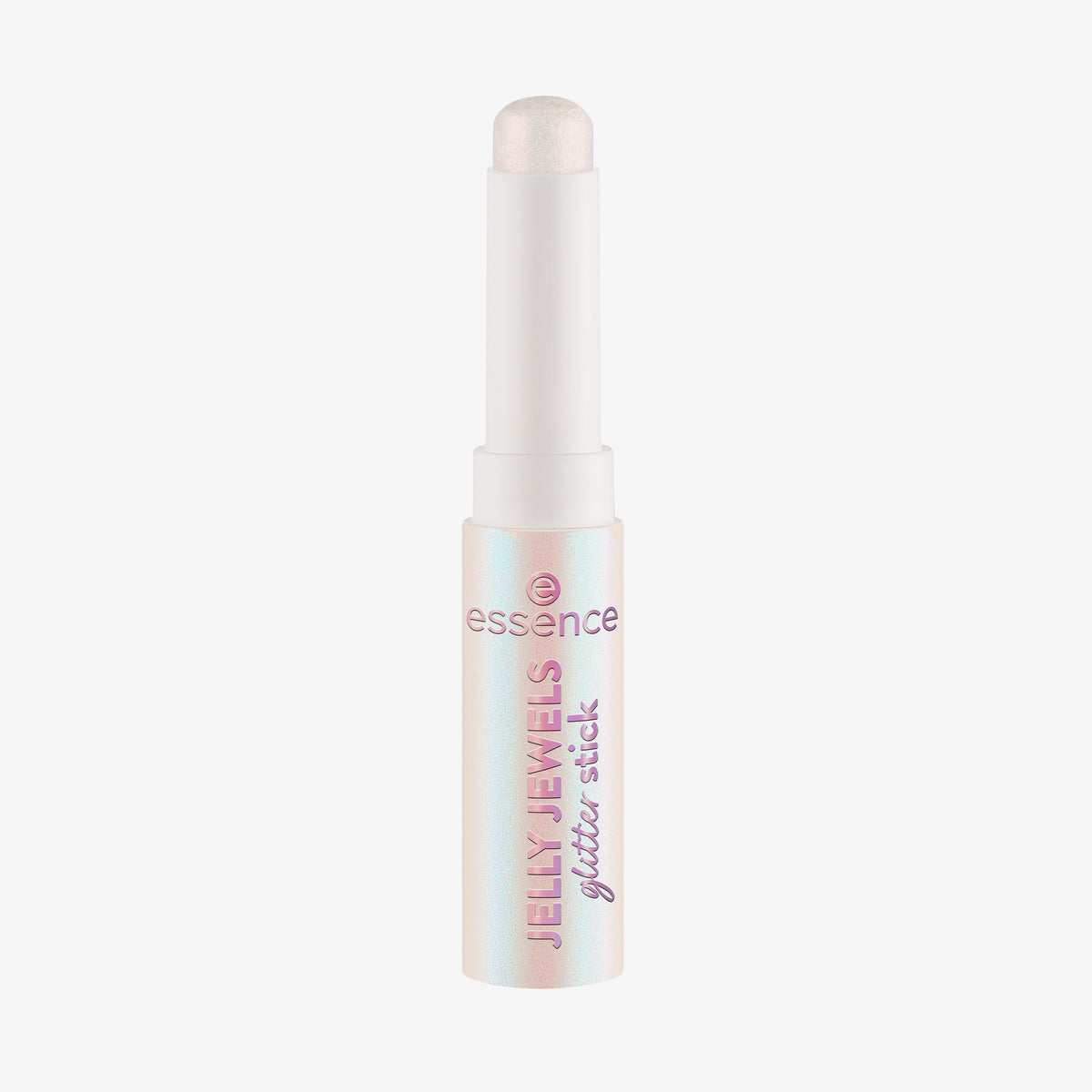 Essence JELLY JEWELS Glitter Stick mit weißem Schimmer in einer aufdrehbaren Tube, auf weißem Hintergrund.