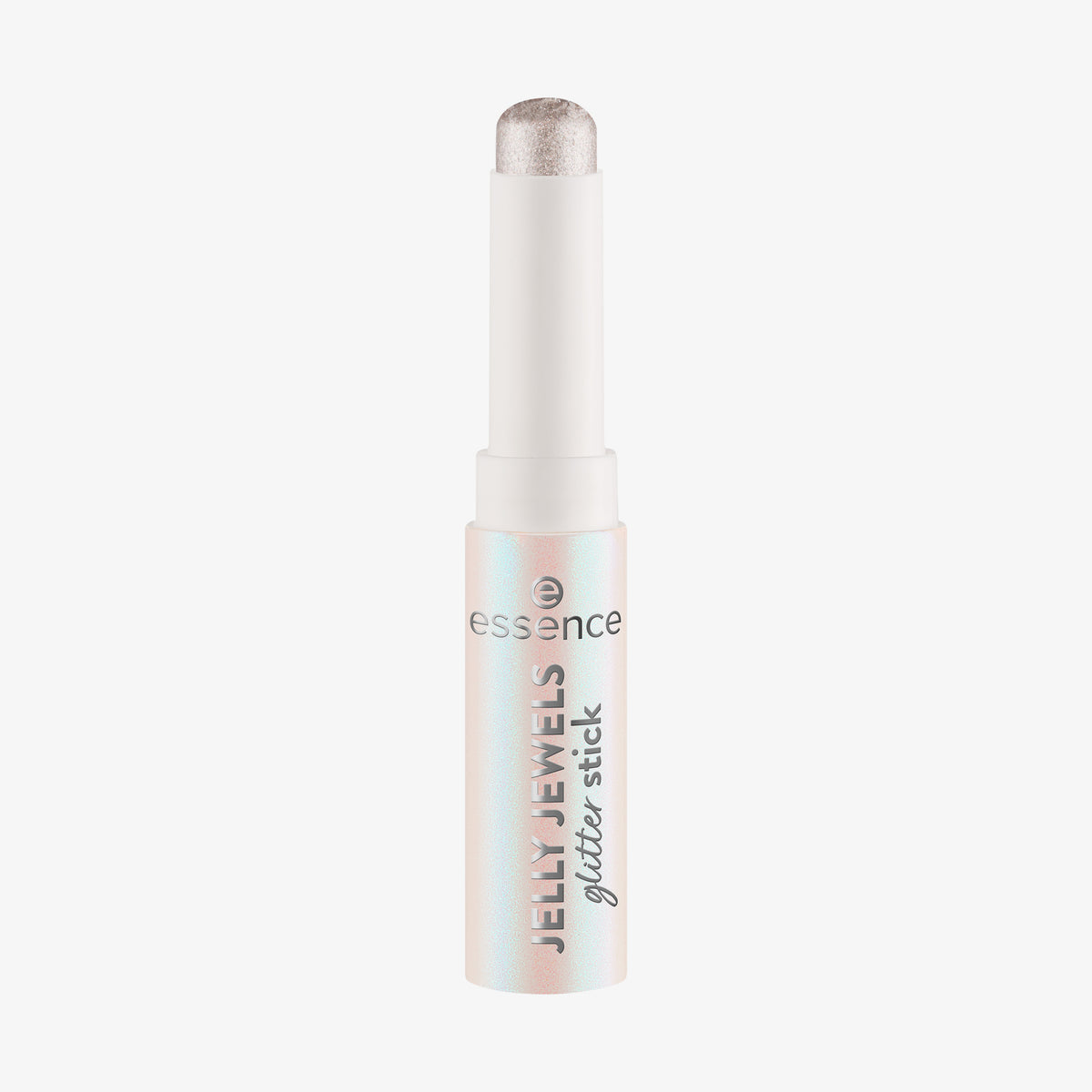 Der geöffnete Essence JELLY JEWELS Glitter Stick bietet schimmernden, silbernen Glitter in einer weißen, drehbaren Tube mit einem irisierenden Etikett.