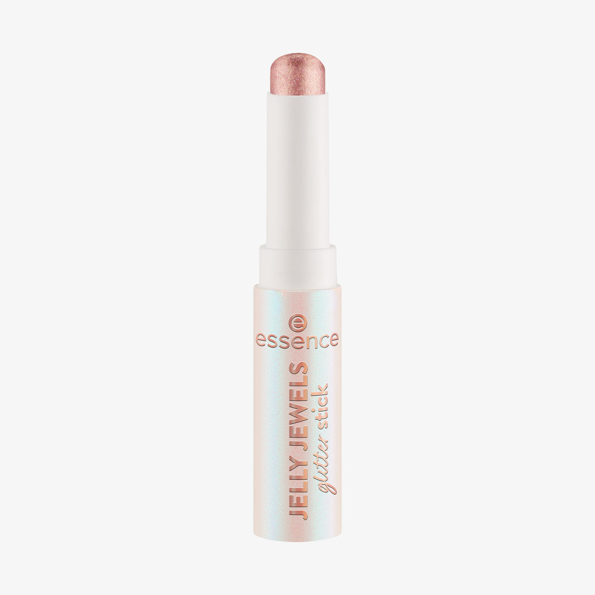 Geöffneter Essence JELLY JEWELS Glitter Stick in schimmerndem Rosa, abgebildet mit einer weißen und schillernden Tube auf weißem Hintergrund.