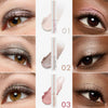 Drei schimmernde Lidschattenstifte mit Swatches und aufgetragenen Farben auf Lidern in Silber, Rosé und Bronze, jeweils auf unterschiedlichen Hauttönen.