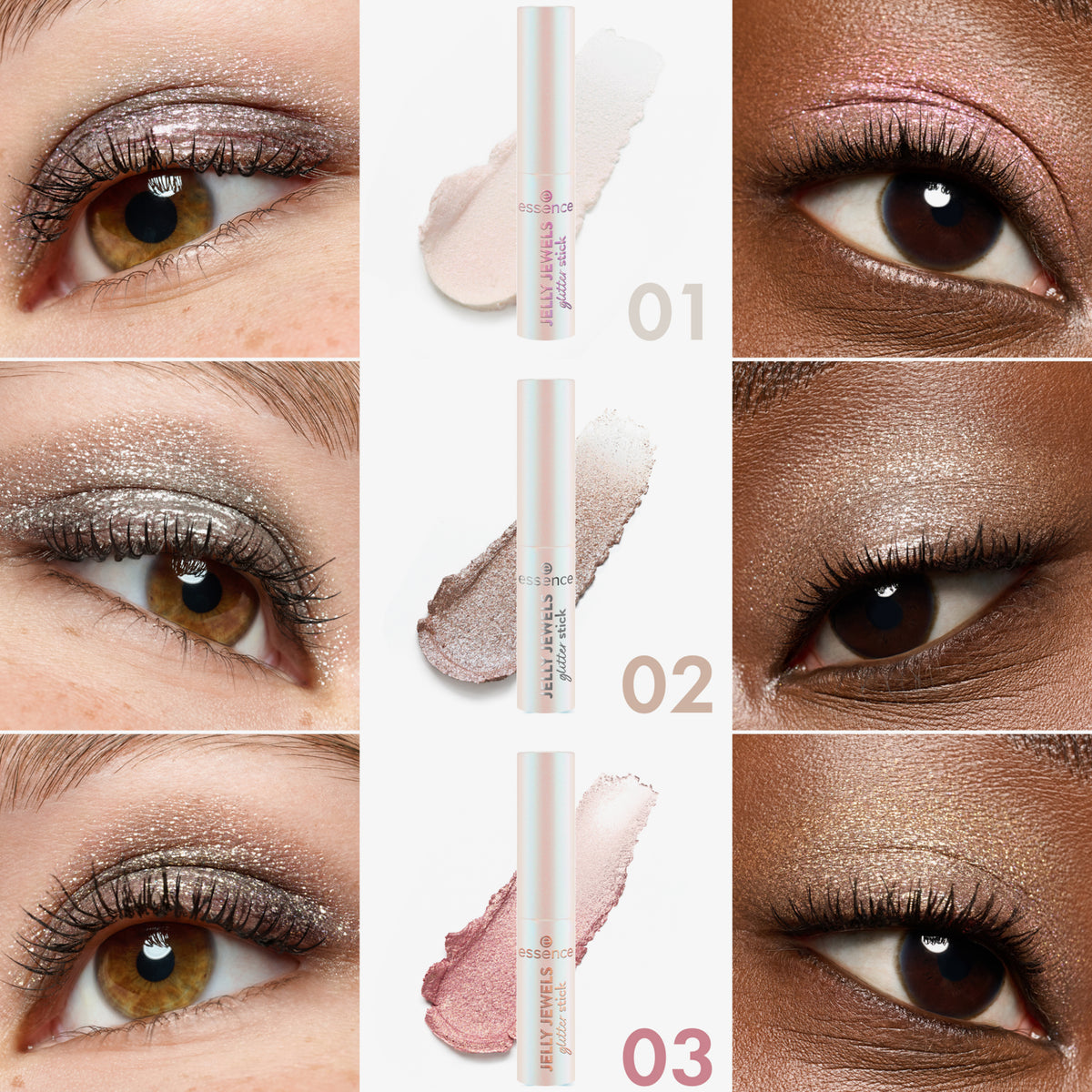 Drei schimmernde Lidschattenstifte mit Swatches und aufgetragenen Farben auf Lidern in Silber, Rosé und Bronze, jeweils auf unterschiedlichen Hauttönen.