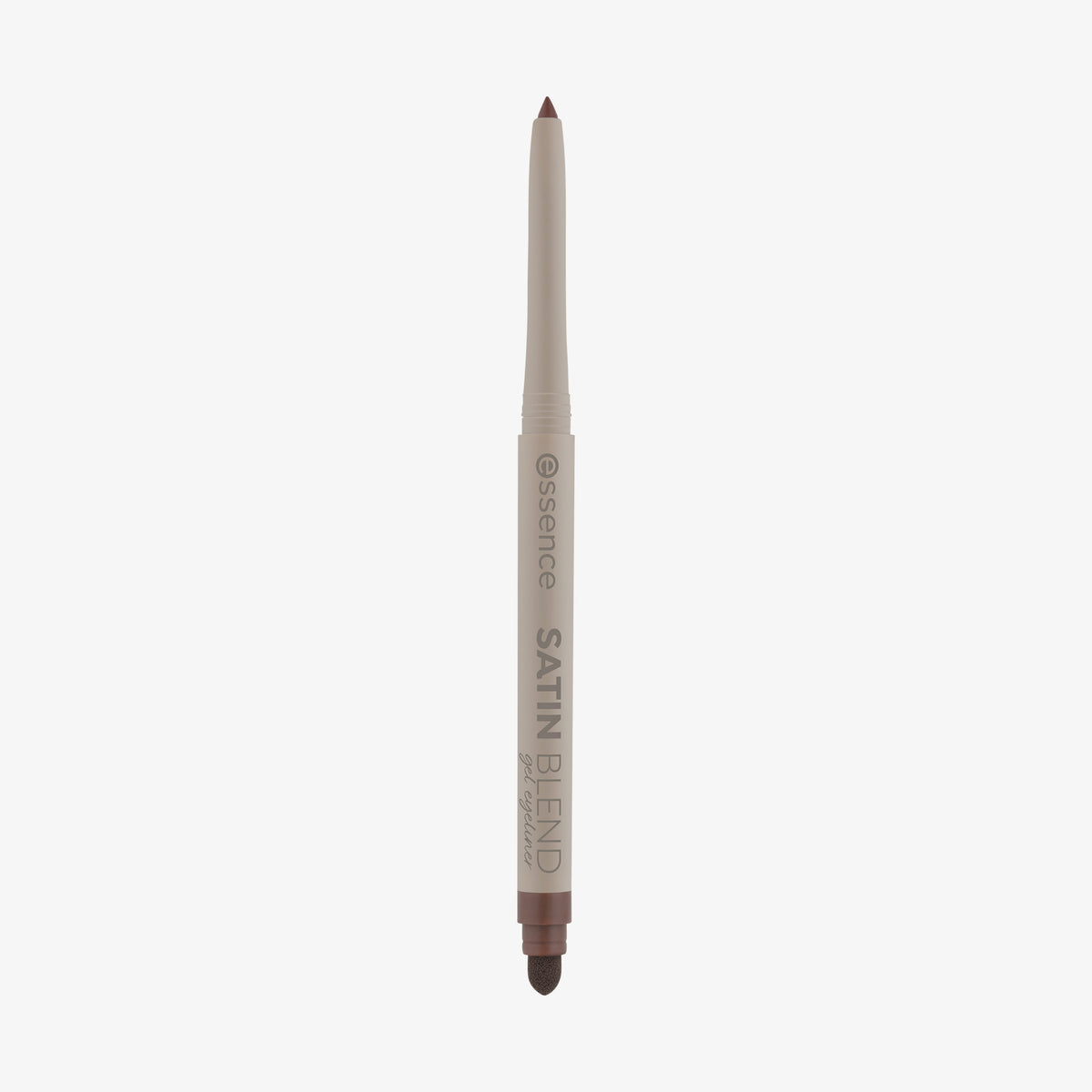 Beiger Gel-Eyeliner-Stift mit brauner Spitze und integriertem Schwämmchen, stehend vor weißem Hintergrund.