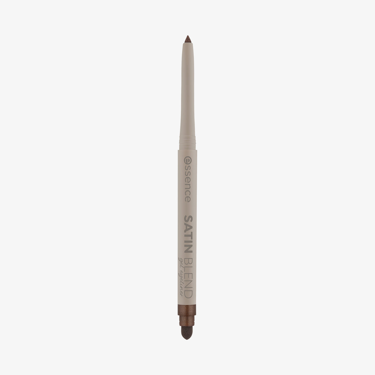 Beiger Essence Satin Blend Gel Eyeliner in Braun mit Schwammapplikator am Ende, vor weißem Hintergrund.