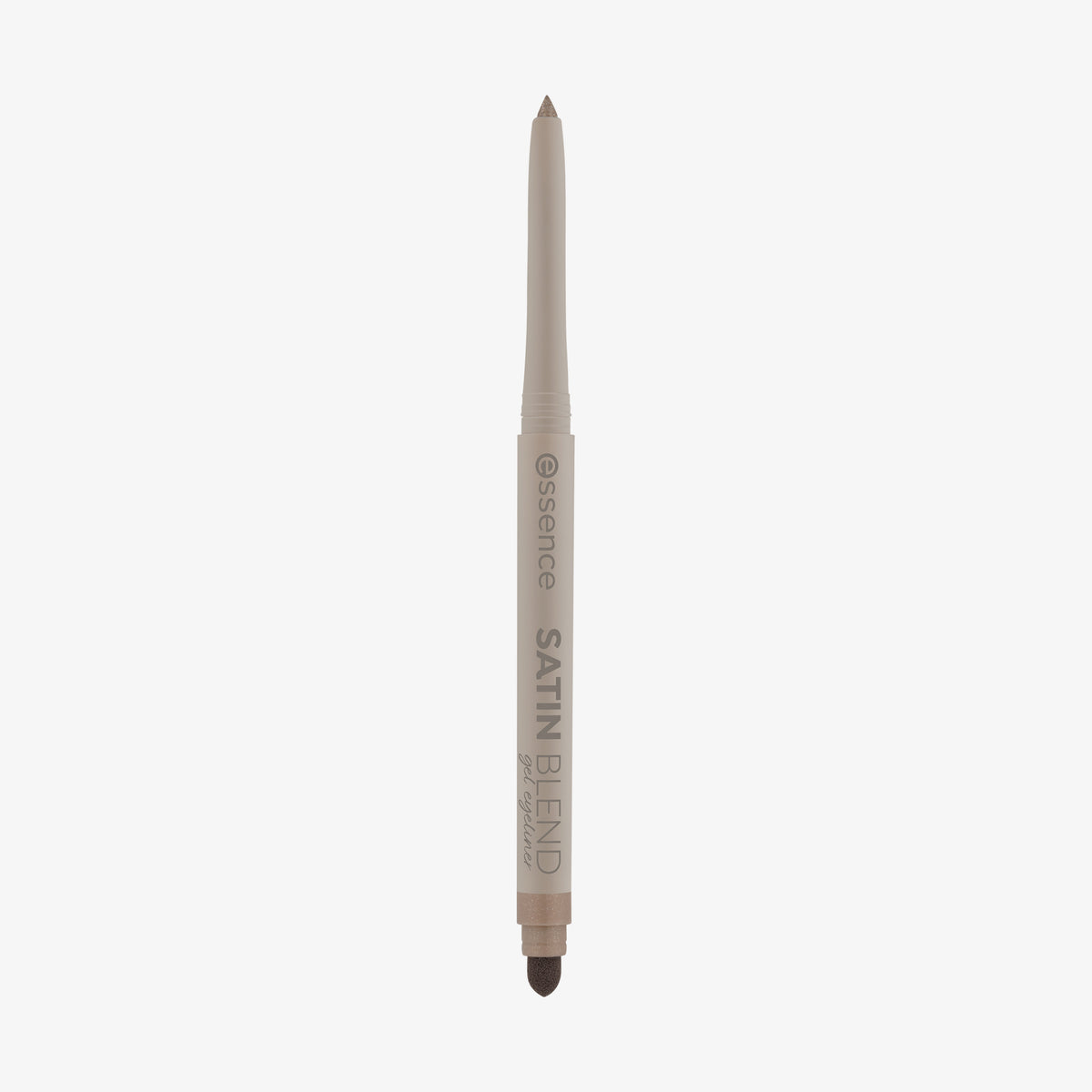 Beiger Gel-Eyeliner-Stift mit taupefarbener Spitze und integriertem Schwämmchen, stehend vor weißem Hintergrund.