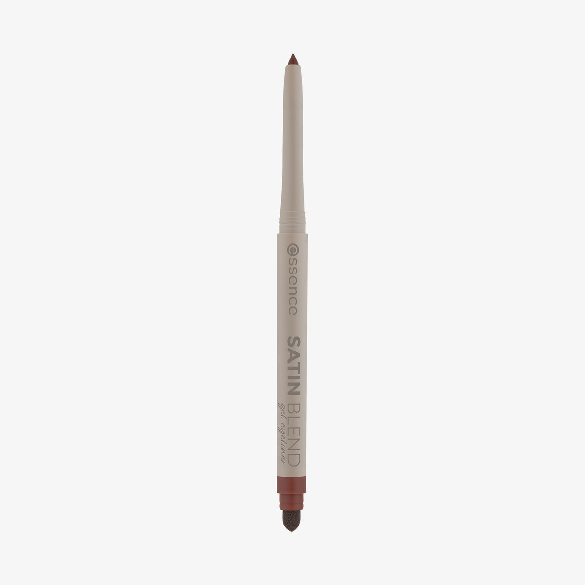 Beiger Gel-Eyeliner-Stift mit burgunderfarbener Spitze und integriertem Schwämmchen, stehend vor weißem Hintergrund.
