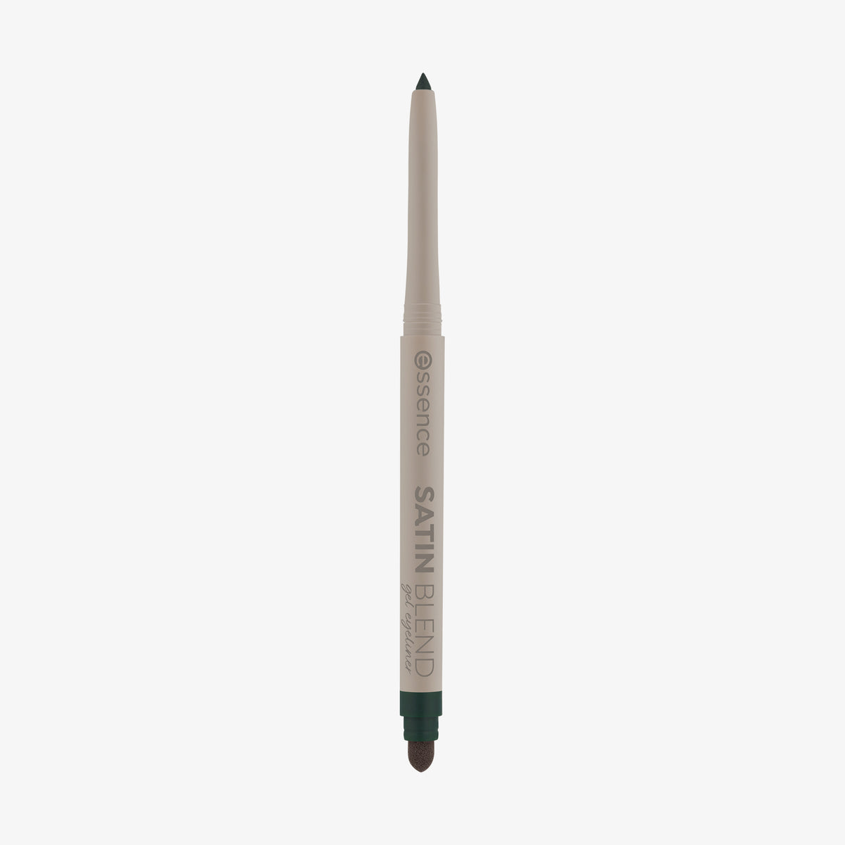 Beiger Gel-Eyeliner-Stift mit olivfarbener Spitze und integriertem Schwämmchen, stehend vor weißem Hintergrund.