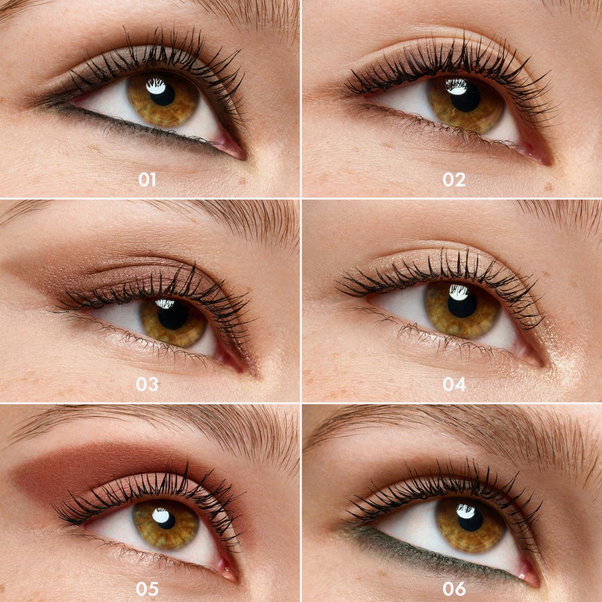 Sechs Nahaufnahmen von Augen mit unterschiedlichen Eyeliner-Looks in Schwarz, Braun, Gold, Burgunder und Olivgrün, die die Vielfalt der Farben zeigen.