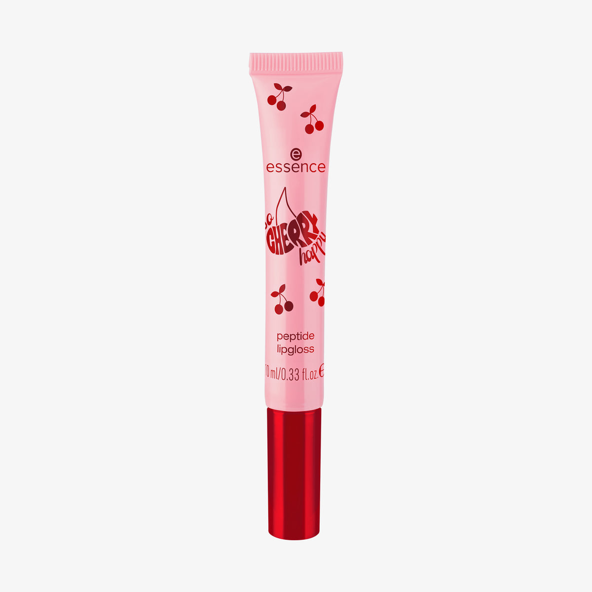 Eine rosa Tube SO CHERRY Happy Peptide Lipgloss mit roten Kirschen und einer roten Kappe.