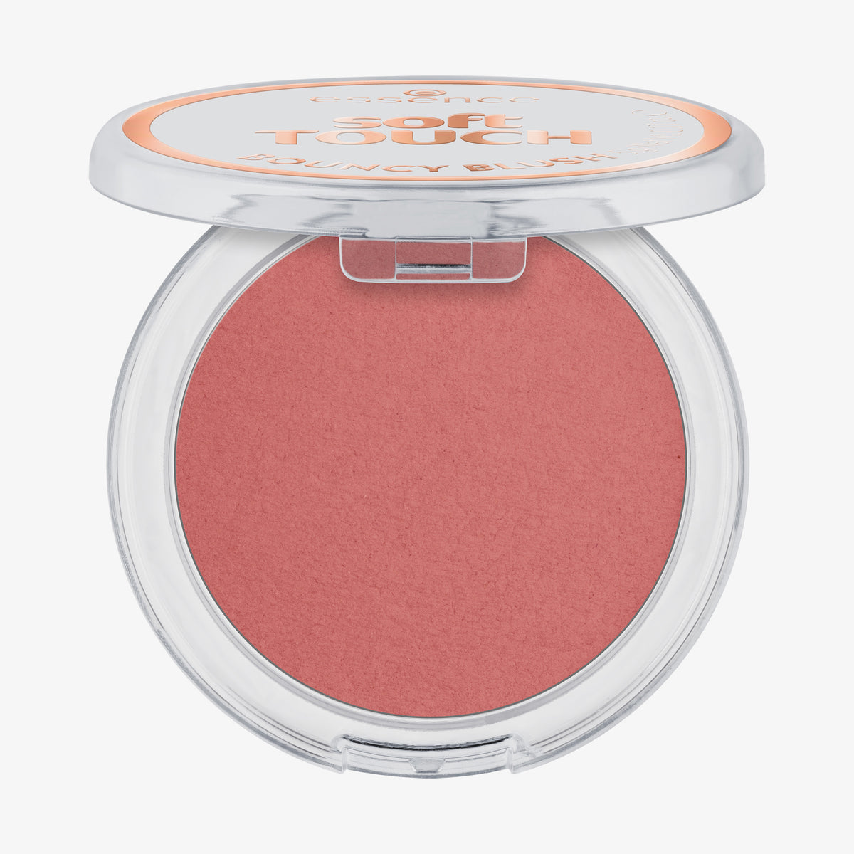 Essence soft TOUCH BOUNCY BLUSH in einer runden Dose mit durchsichtigem Deckel in einem rosa Farbton.