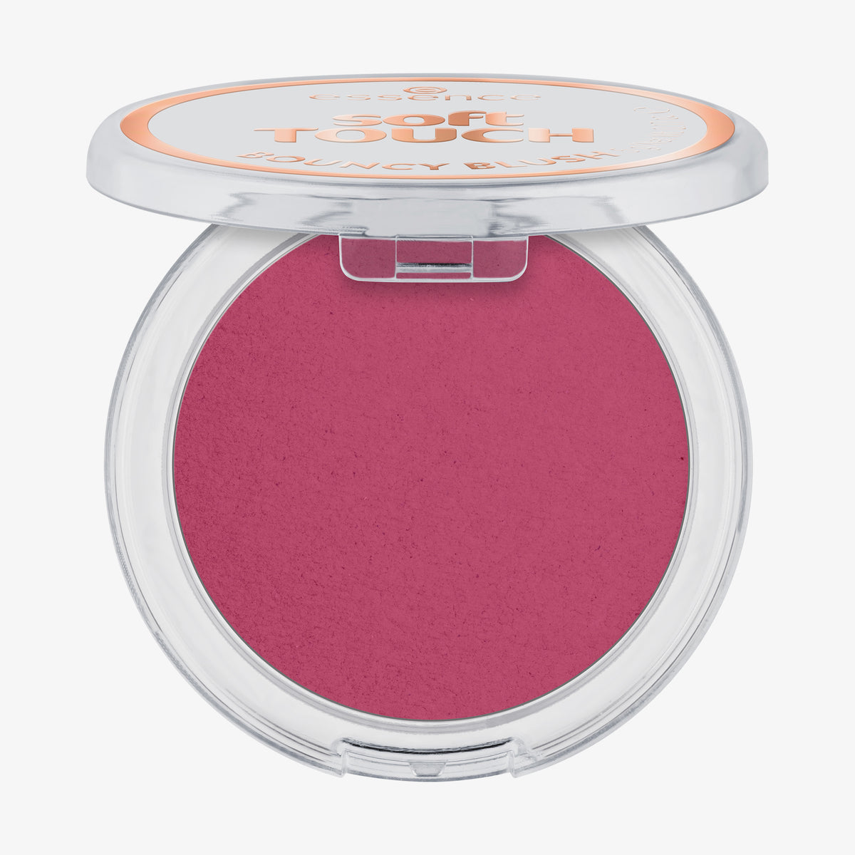 Essence soft TOUCH BOUNCY BLUSH ist ein offenes, rosafarbenes Rouge mit einem durchsichtigen Deckel und einem weißen Etikett auf der Oberseite.
