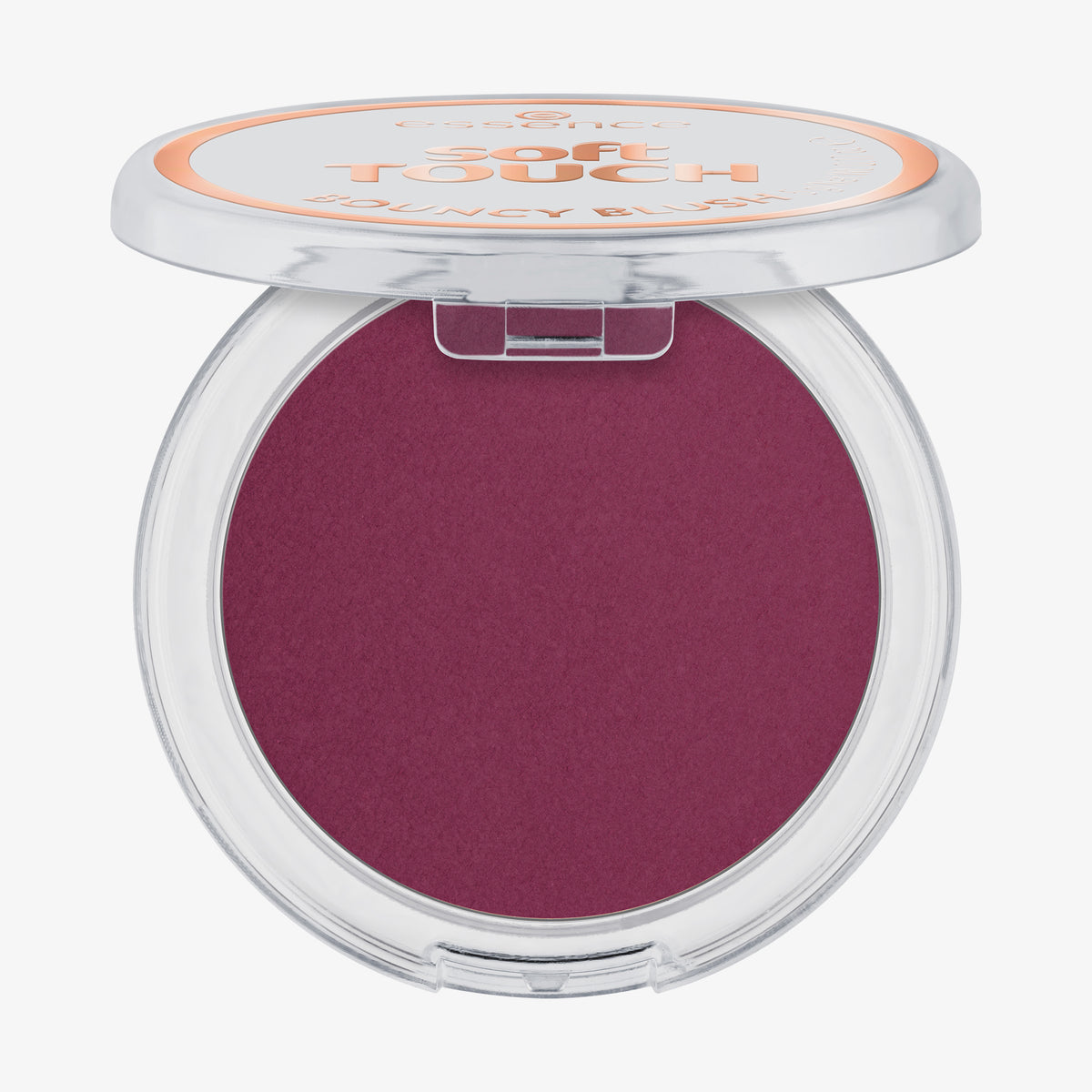 Geöffnete Dose von Essence Soft TOUCH BOUNCY BLUSH in Dunkelrosa mit durchsichtigem Deckel und dem Produktnamen auf der Oberseite.
