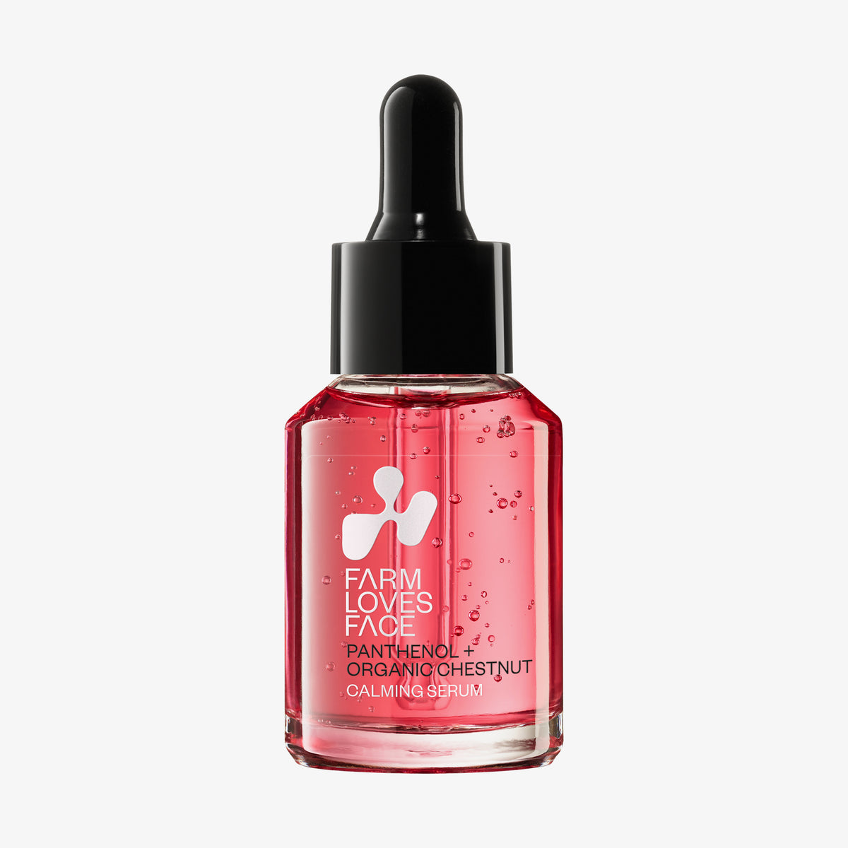 Panthenol + Organic Chestnut Calming Serum in pinker Flasche mit Tropfer, beruhigt gestresste Haut, stärkt Hautbarriere, spendet Feuchtigkeit.