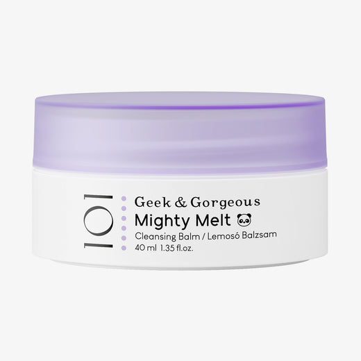 Ein Tiegel Mighty Melt Mini-Reinigungsbalsam mit violettem Deckel auf weißem Hintergrund.