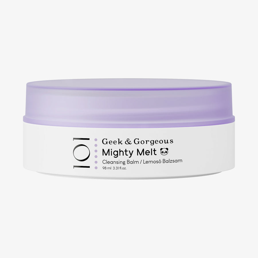 Weißer Tiegel Mighty Melt von Geek & Gorgeousmit violettem Deckel vor weißem Hintergrund.