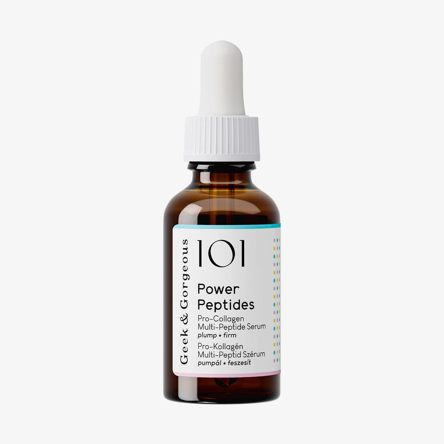 Braune Serumflasche Power Peptide mit weißem Deckel vor weißem Hintergrund.