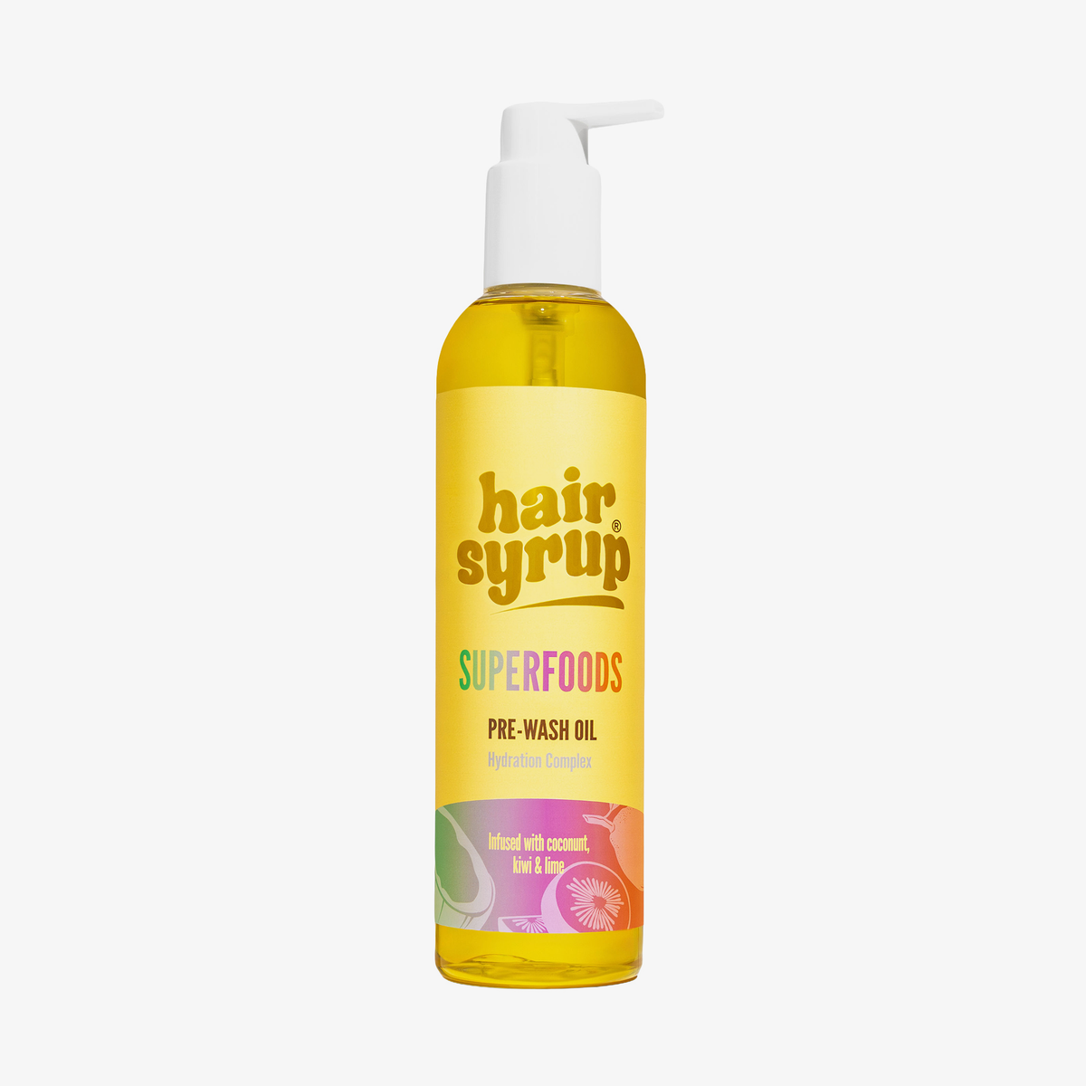Eine gelbe Flasche Hair Syrup Superfoods, 300ml, mit einem weißen Pumpspender.