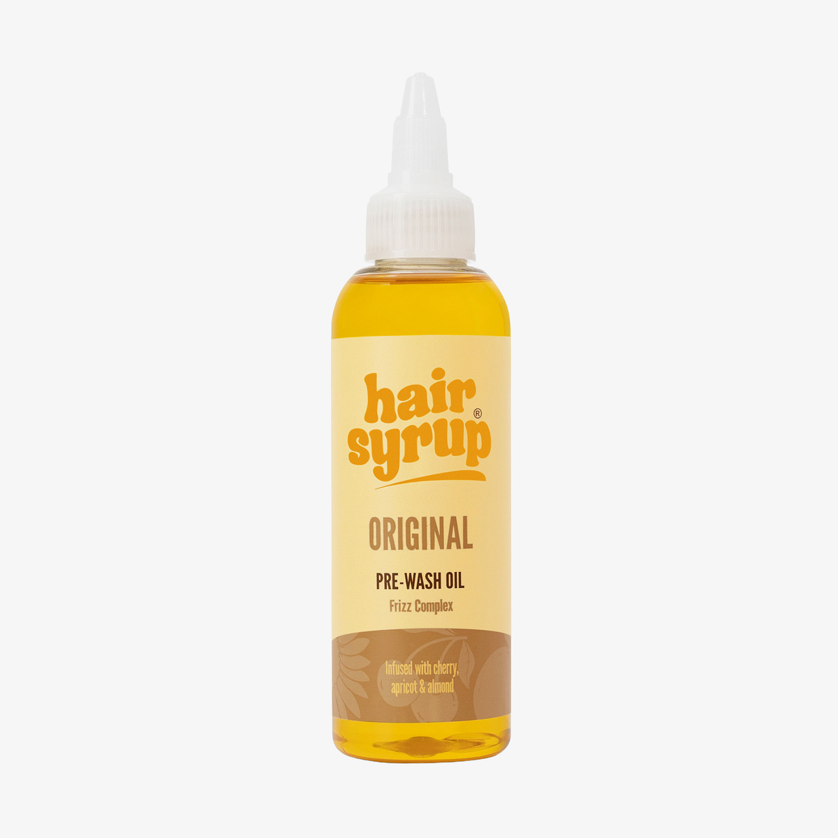 Eine Flasche Hair Syrup The Original Pre-Wash Oil, 100ml, mit einer spitzen Applikatorkappe auf weißem Hintergrund.