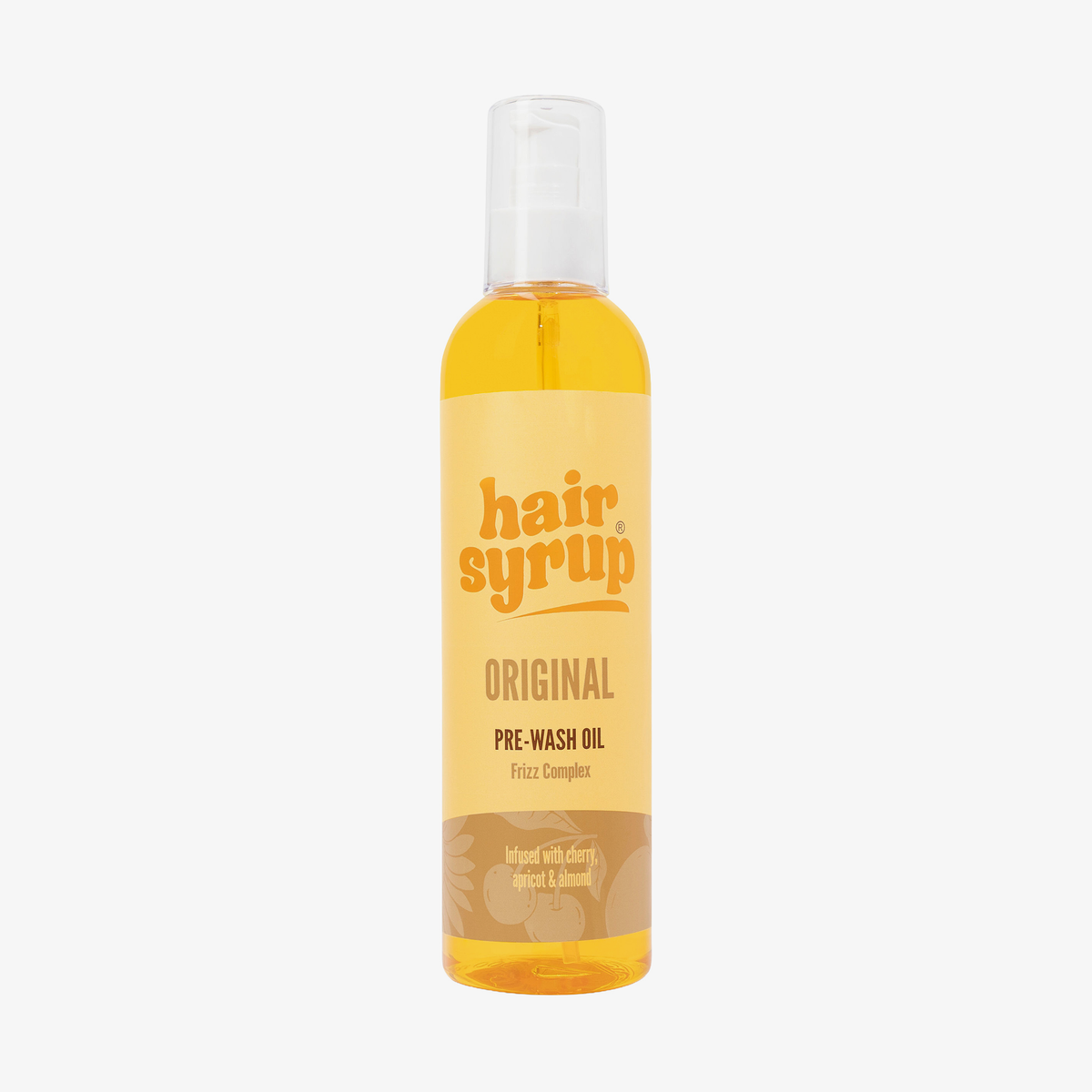 Eine Flasche Hair Syrup The Original Pre-Wash Oil, 300ml, mit einem durchsichtigen Deckel und orangefarbener Flüssigkeit im Inneren.