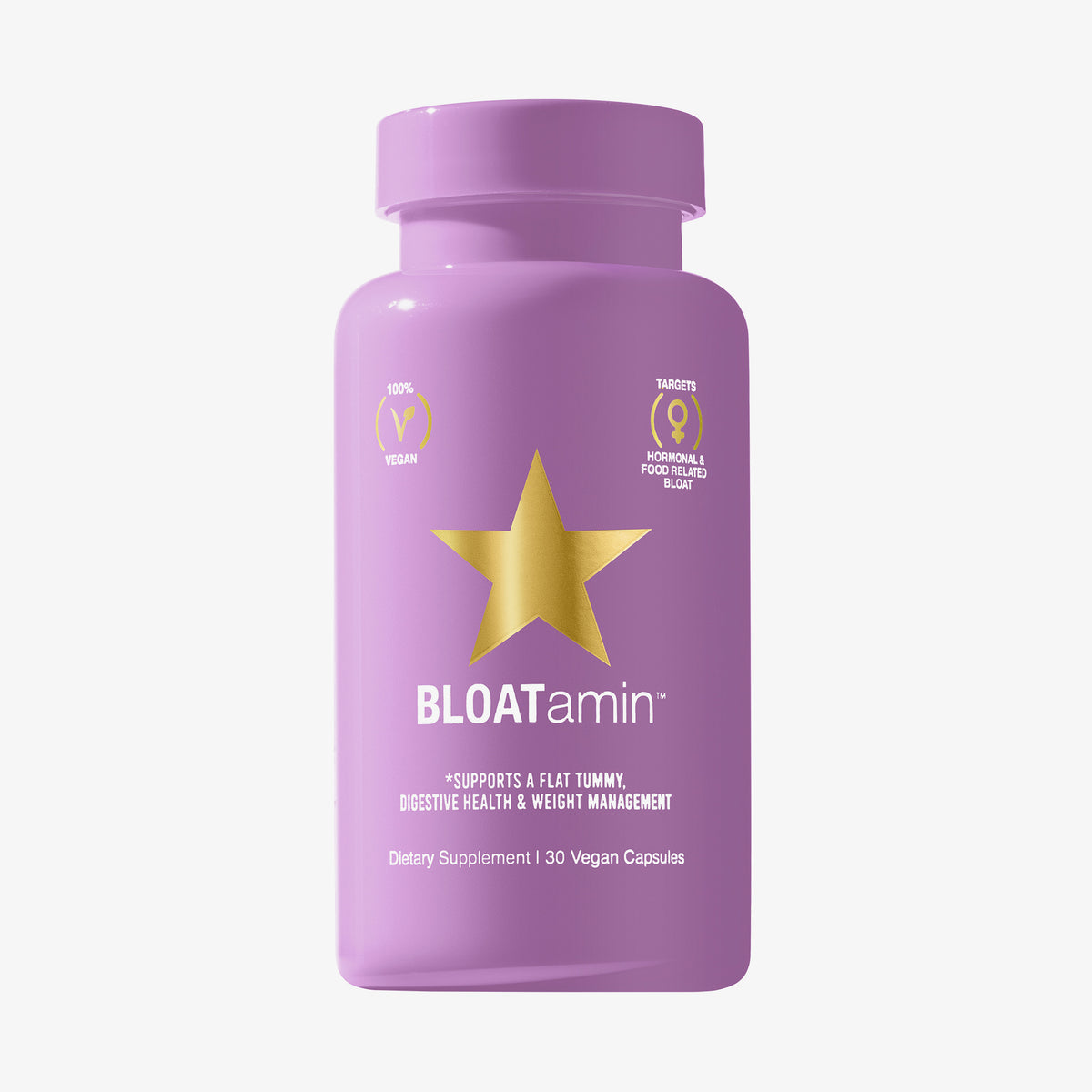 Eine violette Flasche BLOATamin™ 1 Month  mit einem goldenen Stern auf der Vorderseite vor weißem Hintergrund.