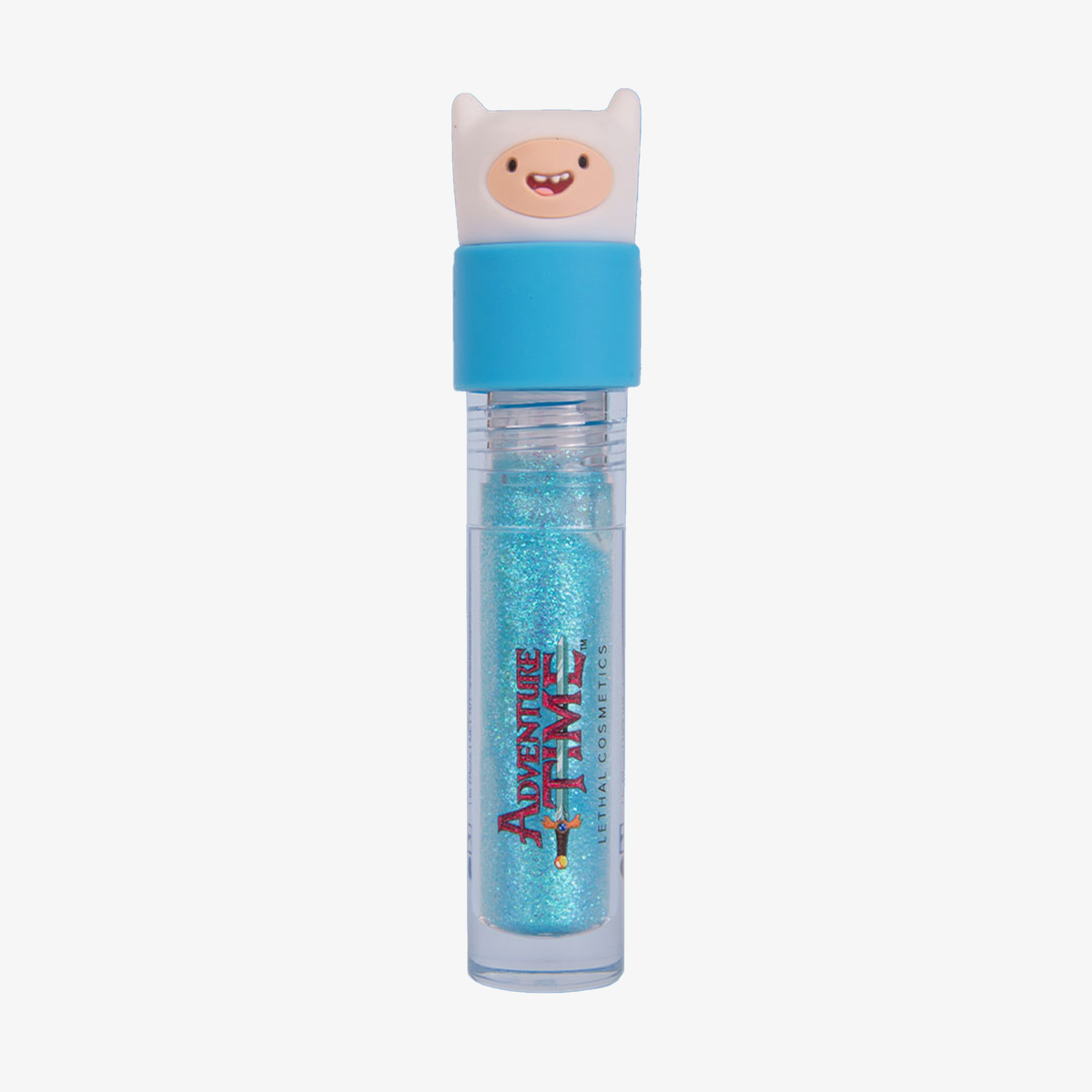 Transparente Tube Adventure Time Lip Gloss mit blau glitzerndem Inhalt und Finn The Human als Silikonkopf-Deckel.