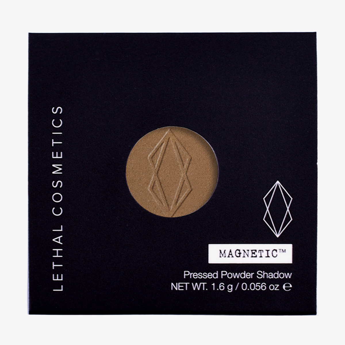 Beiger MAGNETIC™ Pressed Powder Shadow von Lethal Cosmetics in der Farbe "Arboreal" in schwarzer Umverpackung mit Sichtfenster.