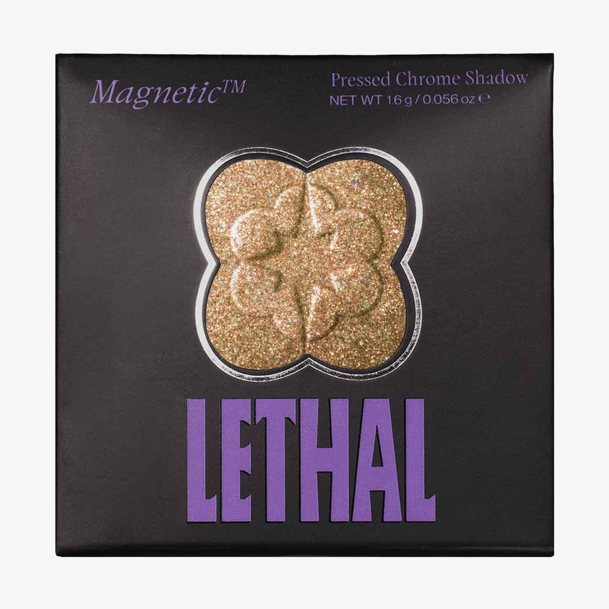 Square Lethal Cosmetics MAGNETIC™ Pressed Powder Shadow, glitzerndes Gold-Chrom, blumenförmige Pfanne.