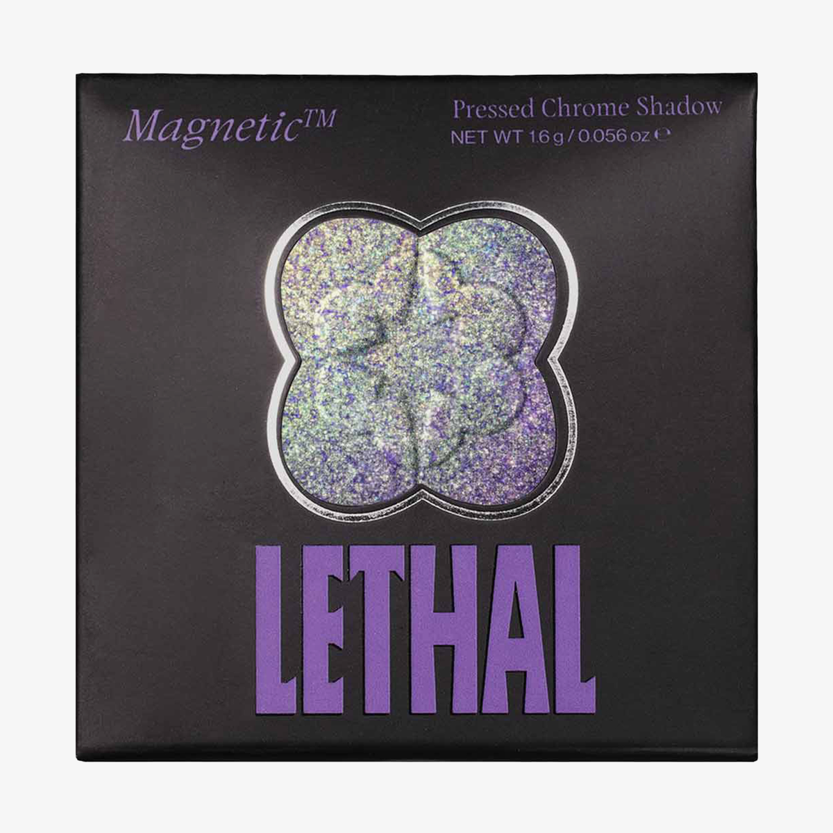 Ein Puderschatten mit schimmerndem MAGNETIC™ Pressed Powder Shadow von Lethal Cosmetics, der in fetter lila Schrift beschriftet ist.
