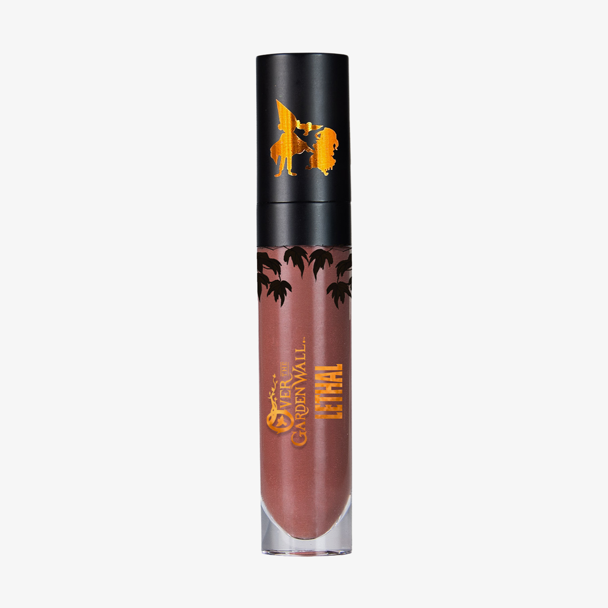 Eine Tube „Over The Garden Wall – Rock Fact“ Flüssig-Lippenstift von Lethal Cosmetics mit einer schwarz-goldenen Kappe mit Tiermotiven.