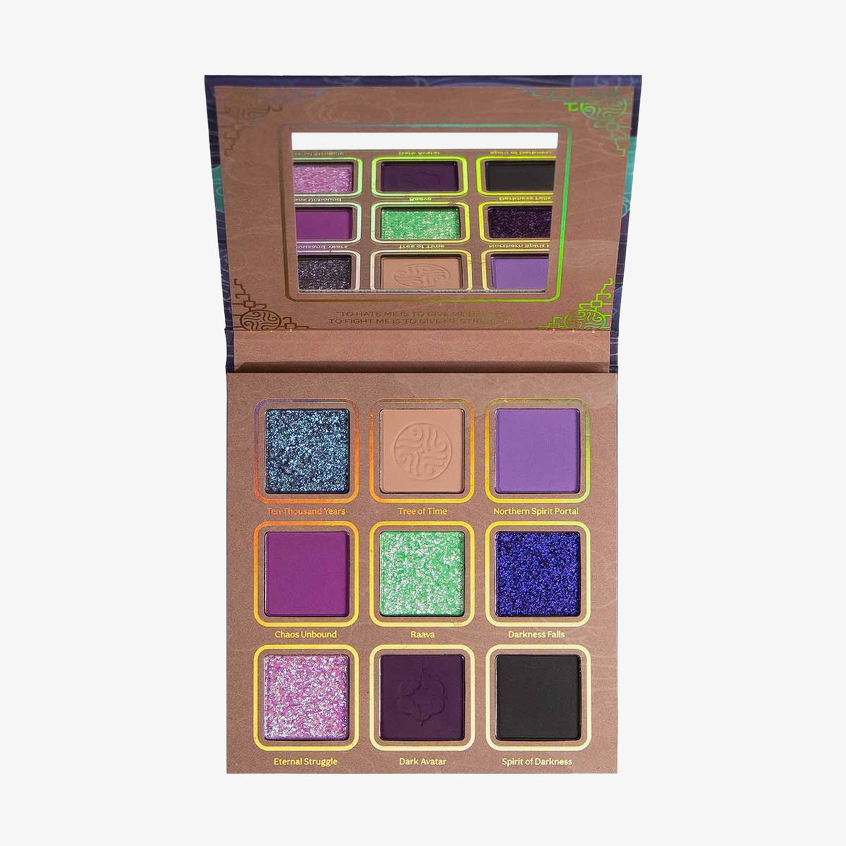 „The Legend of Korra – Vaatu Palette“ von Lethal Cosmetics: eine offene Lidschattenpalette mit 9 Farbtönen und einem Spiegel, wobei jeder Farbton einen eigenen Namen trägt.