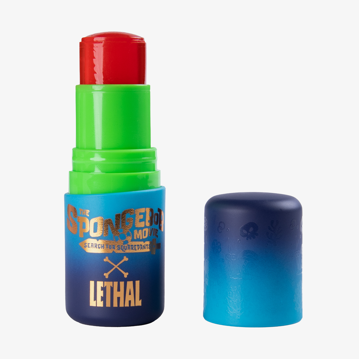 Der ausgefahrene Lethal Cosmetics The SpongeBob Movie Jelly Blush Stick "Gary" hat eine rote Spitze.
