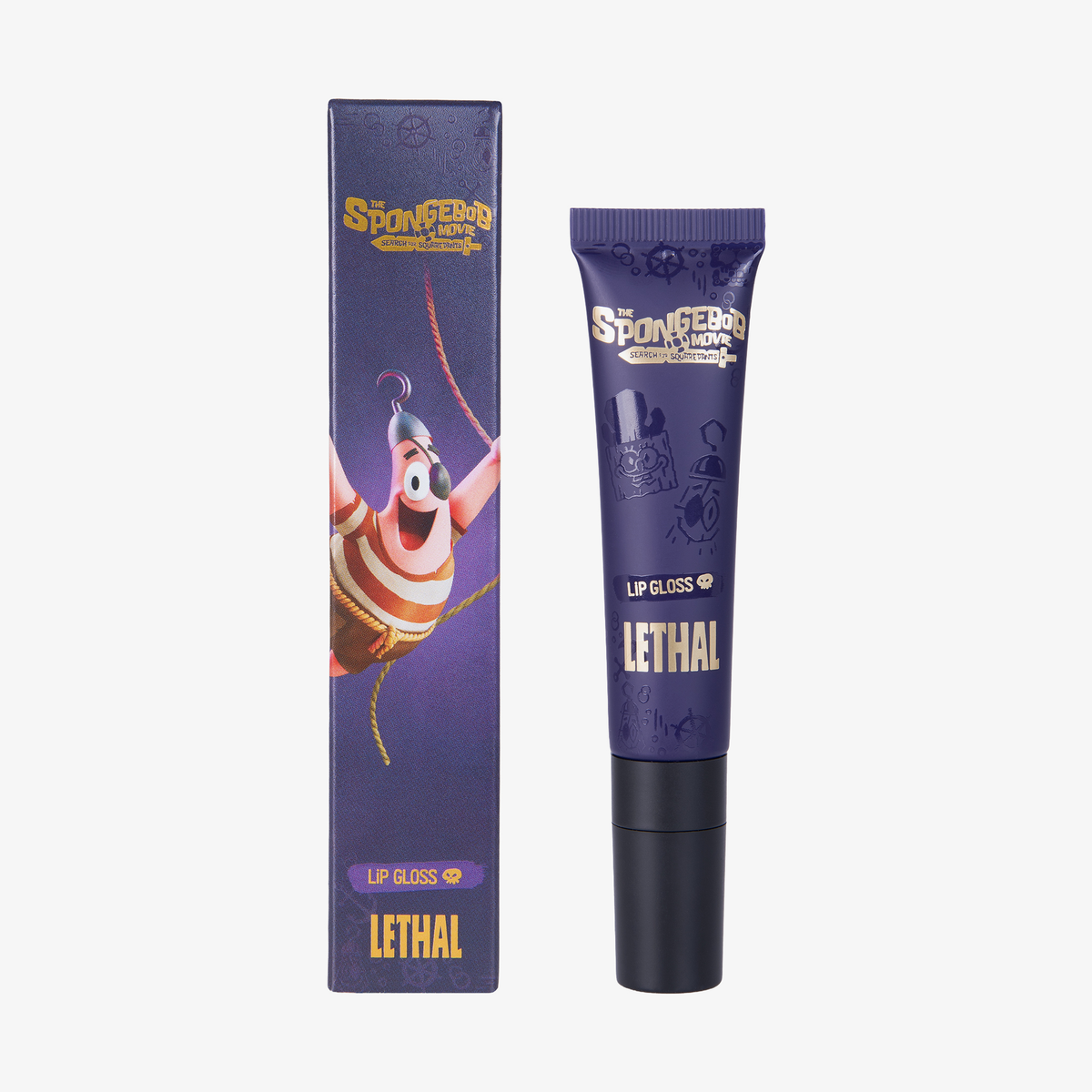 Ein lilafarbener The SpongeBob Movie Lip Gloss von Lethal Cosmetics steht neben der passenden Schachtel mit Patrick Star.