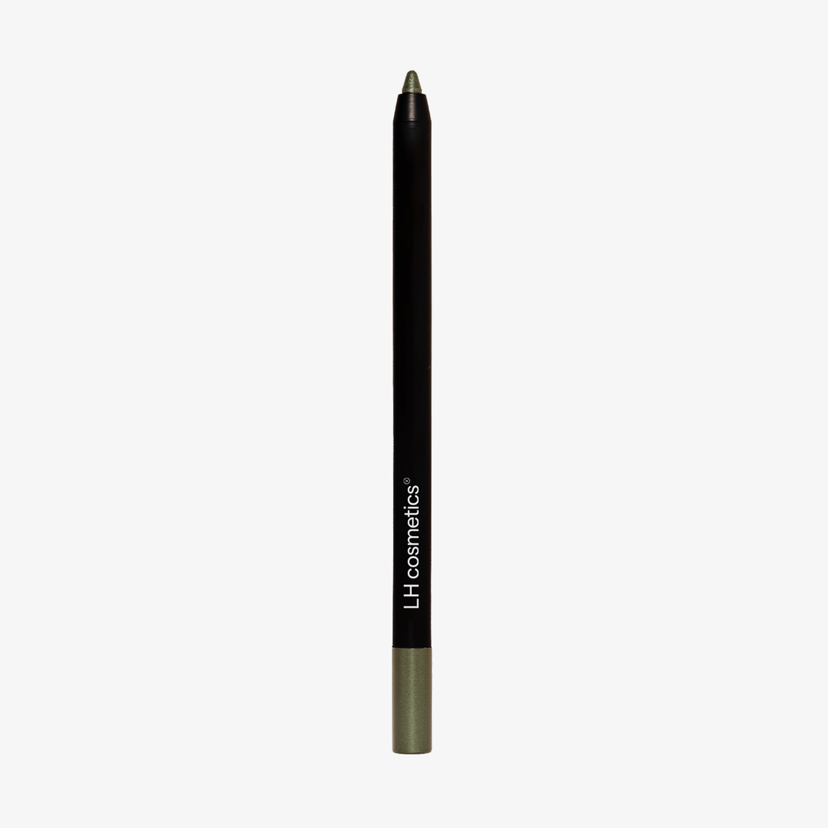 Schwarzer Crayon Gemma mit grüner glitzernder Spitze und Endkappe, stehend auf weißem Hintergrund. Aufschrift: „LH cosmetics“.