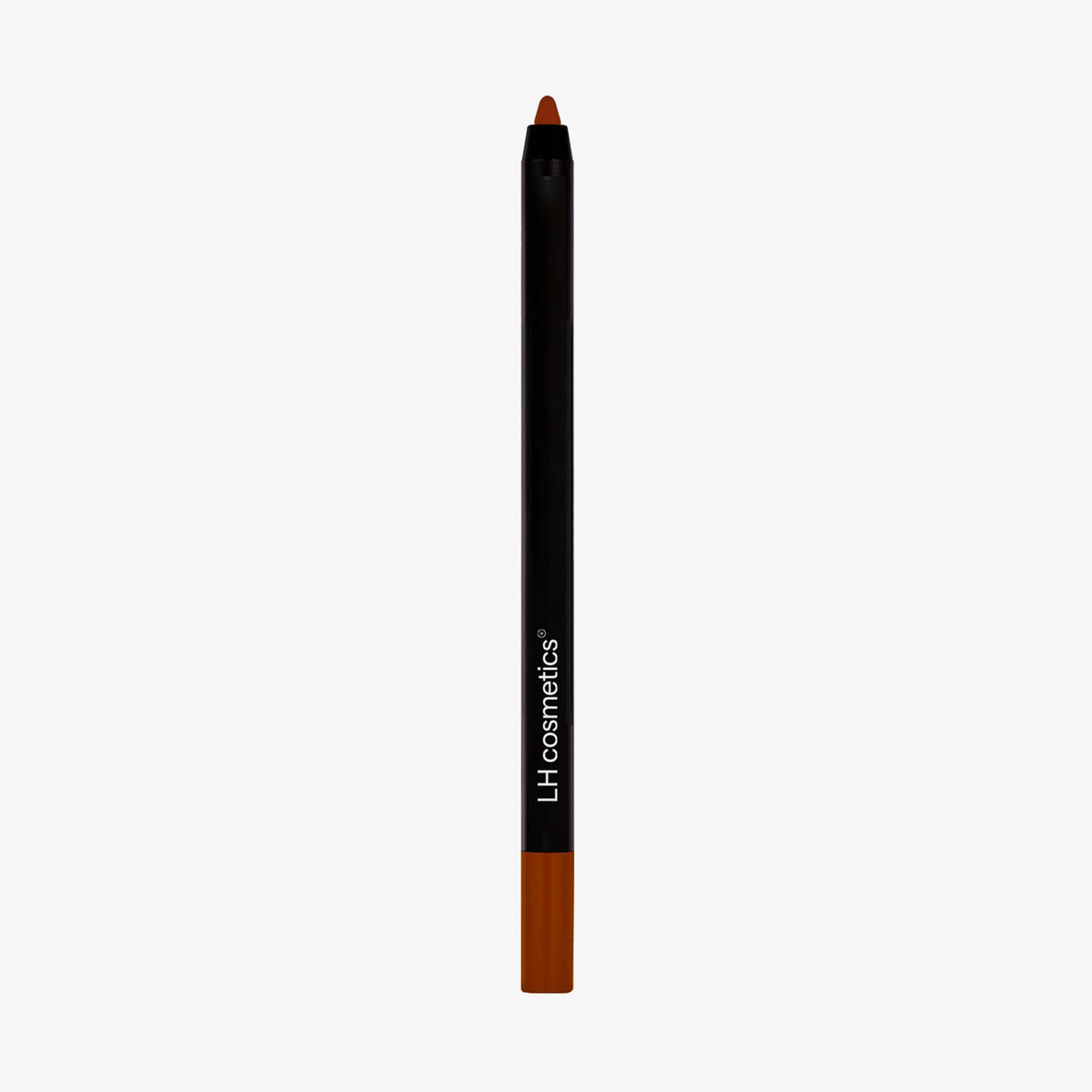 Schwarzer Stift mit brauner Spitze und Endkappe, stehend auf weißem Hintergrund. Aufschrift: „LH cosmetics“.