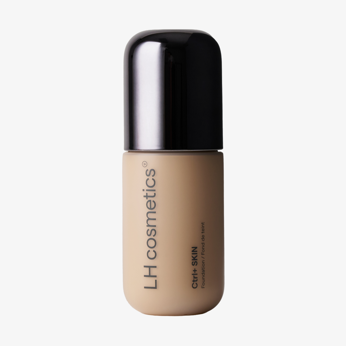 Eine „Ctrl+ SKIN“-Grundierung von LH Cosmetics in einer beigen Flasche mit schwarzem Verschluss.