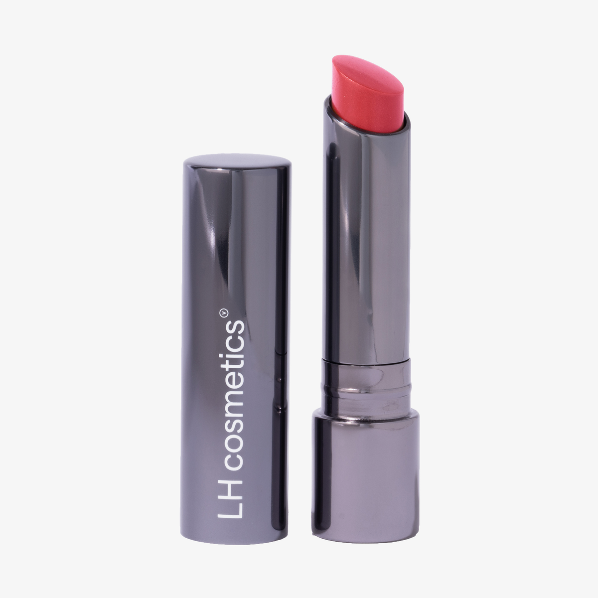 Dunkler silberner Drehstift des Fantastick Lipstick Carefree von LH Cosmetics mit korallrotem Lippenstift auf weißem Hintergrund.