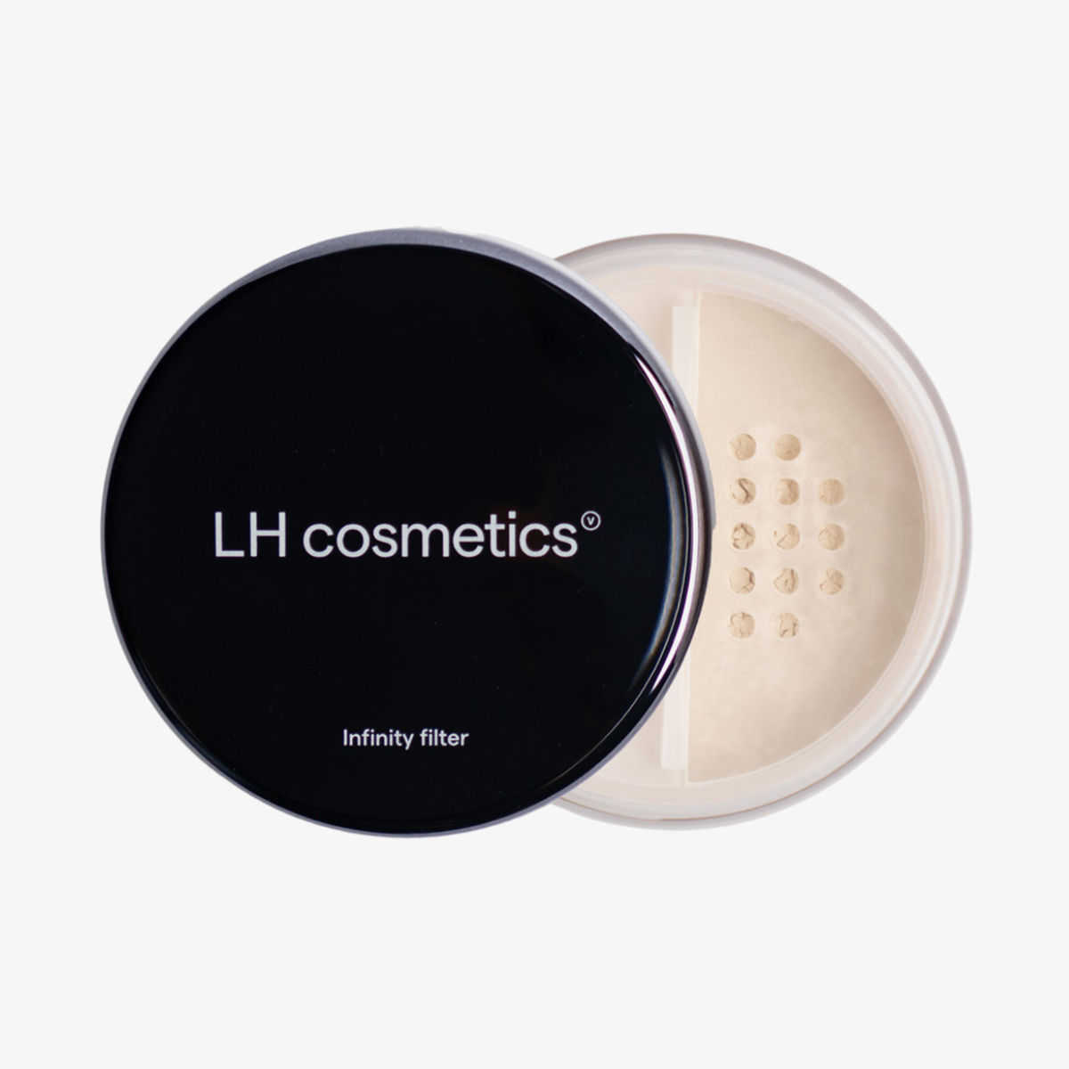 LH Cosmetics Infinity Filter Haze: loses Puder mit Sieb und schwarzem Deckel, geöffnet.