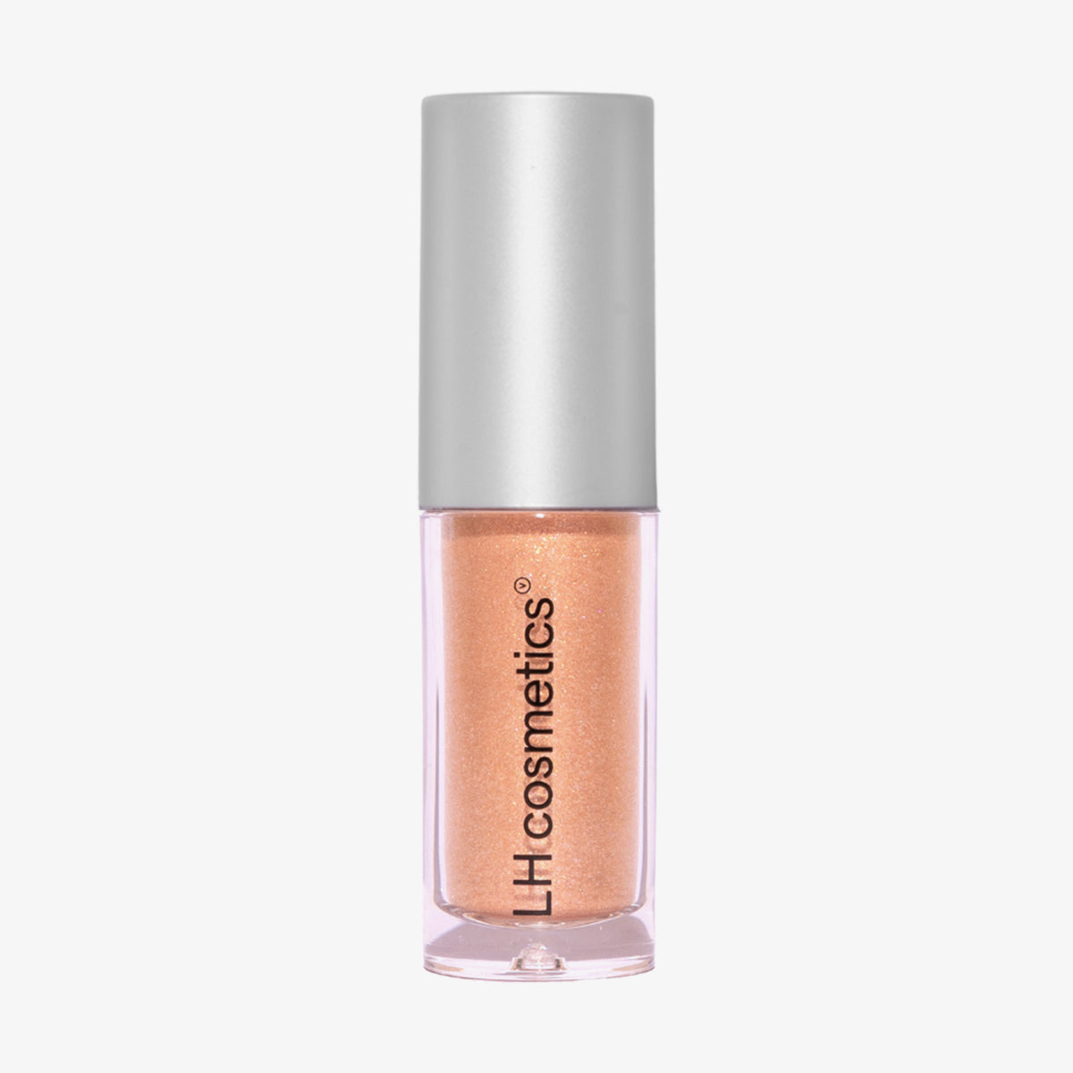 Kleines Fläschchen mit silbernem Deckel und schimmerndem Pfirsichton-Inhalt. Aufdruck: „LH cosmetics“, stehend auf weißem Hintergrund.