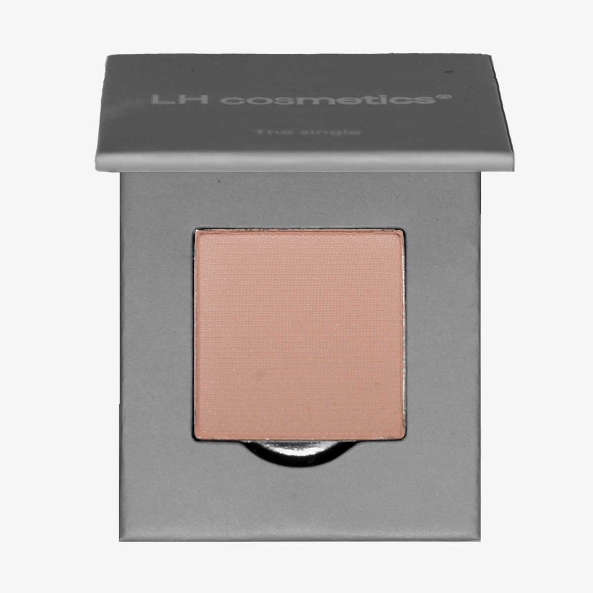 Ein einzelnes Pfirsichpuder in einer quadratischen grauen Puderdose von LH Cosmetics, genannt The single.