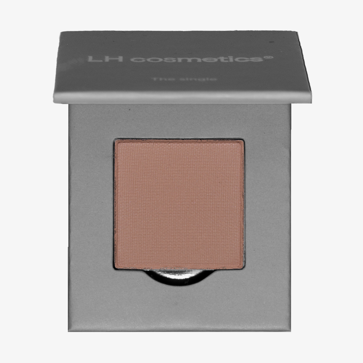 Der Single von LH Cosmetics: ein matter Nude-Lidschatten in einer grauen Schachtel mit teilweise geöffnetem Deckel.